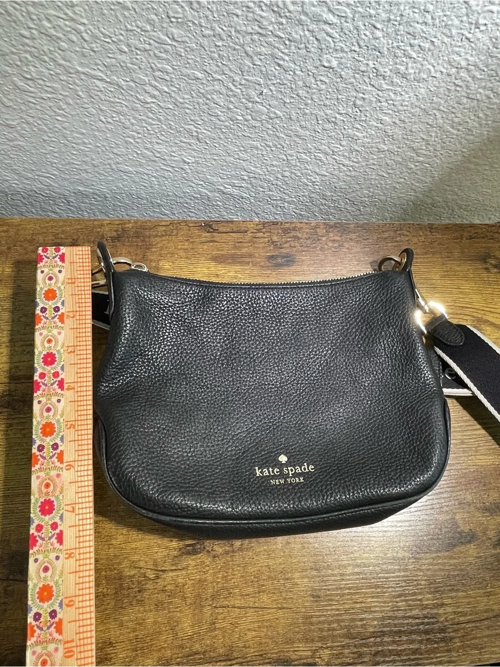 kate spade Rosie Crossbody Black Pebbled Leather w/ Branded Web Strap
